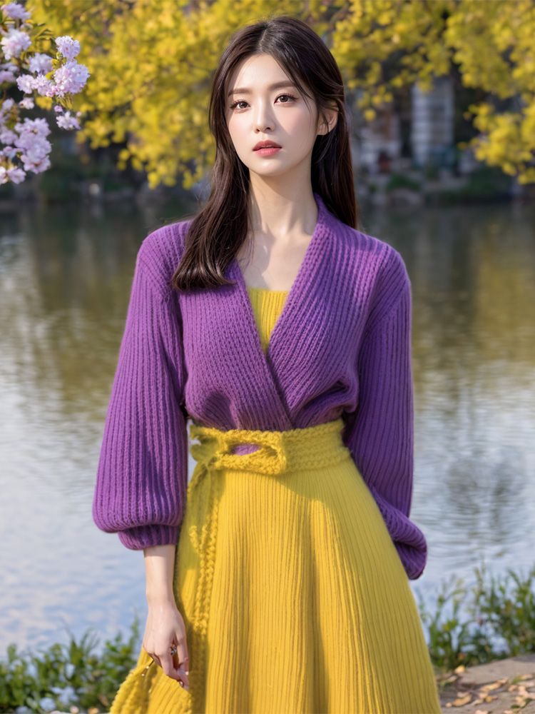 Yellow Winter Clothing - 보라색 스플라이싱 옐로우 발목 길이 스웨터