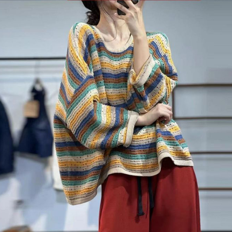 봄 여성 스트라이프 긴 소매 스웨터 속이 빈 다채로운  - Yellow Winter Clothing 리뷰 및 가격