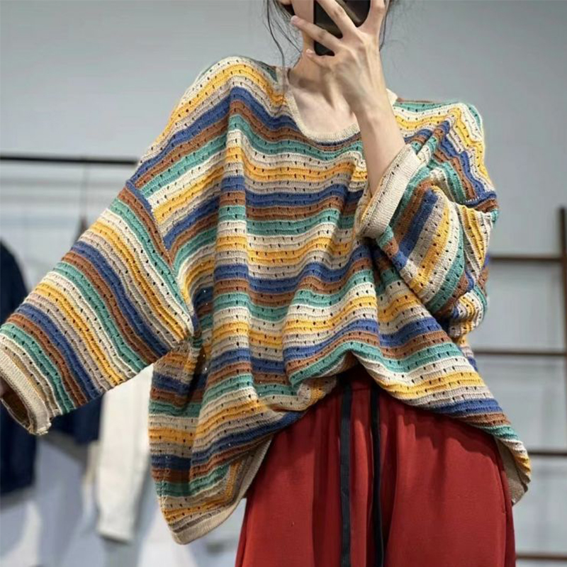 봄 여성 스트라이프 긴 소매 스웨터 속이 빈 다채로운  - Yellow Winter Clothing 리뷰 및 가격